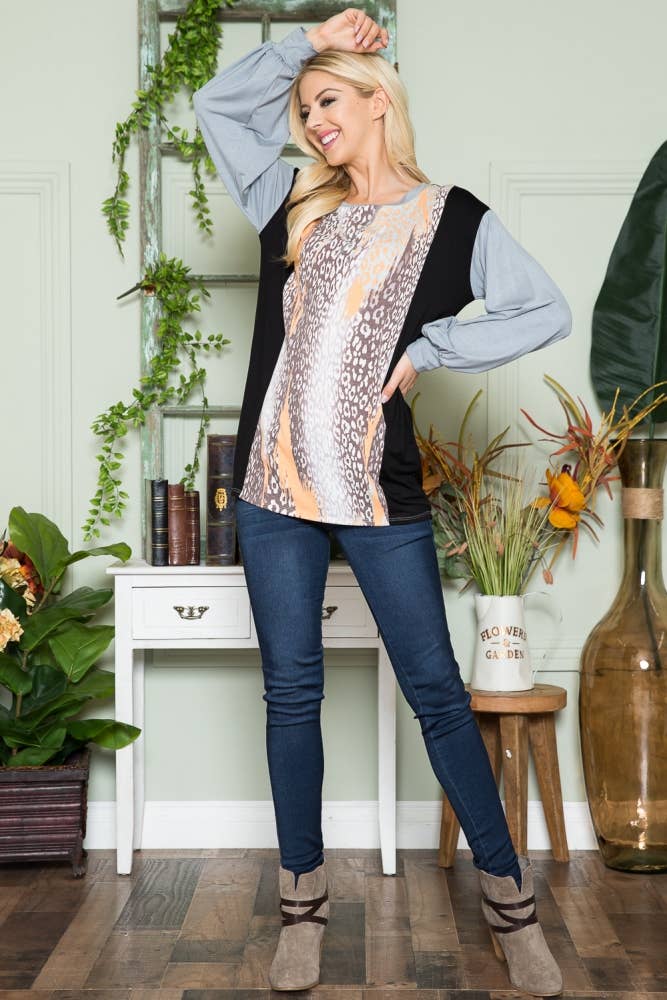 ClickPuff - Wholesale Tunic - Women's - Women's Plus Size Animal Print Color Block Long Sleeve Top18