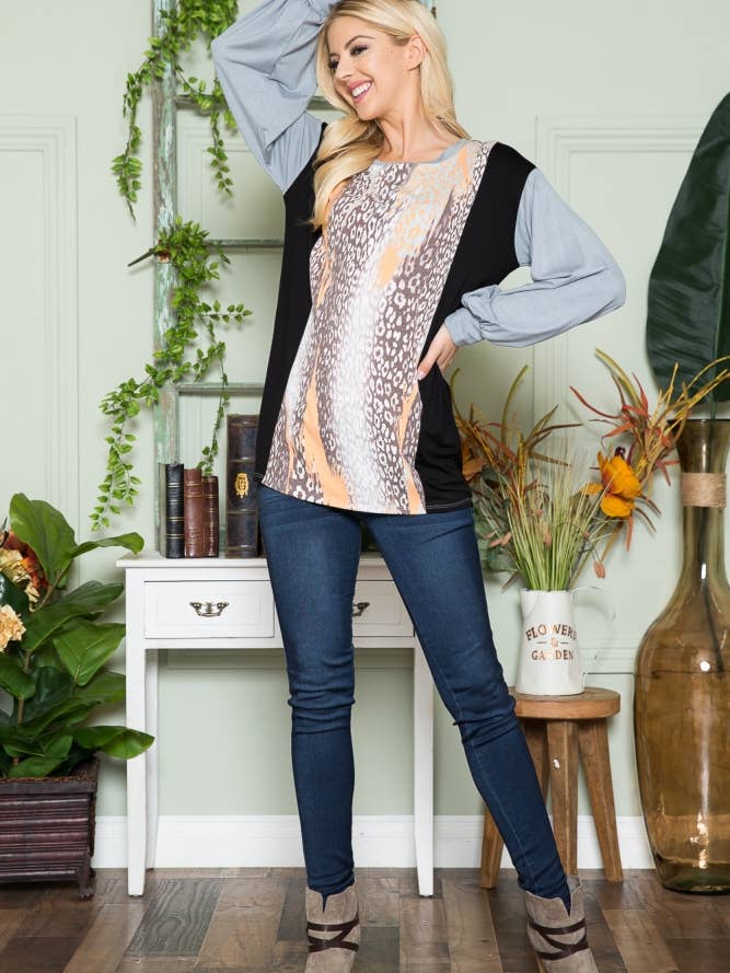 ClickPuff - Wholesale Tunic - Women's - Women's Plus Size Animal Print Color Block Long Sleeve Top18