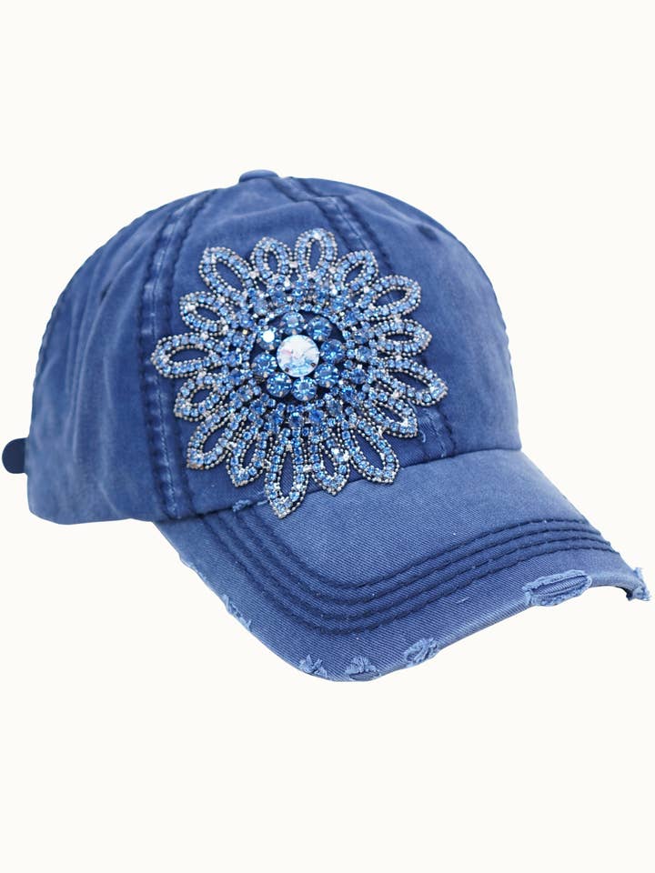 Sunflower Bejeweled Glitz Distressed Cap, Adjustable for wholesale by Olive & Pique