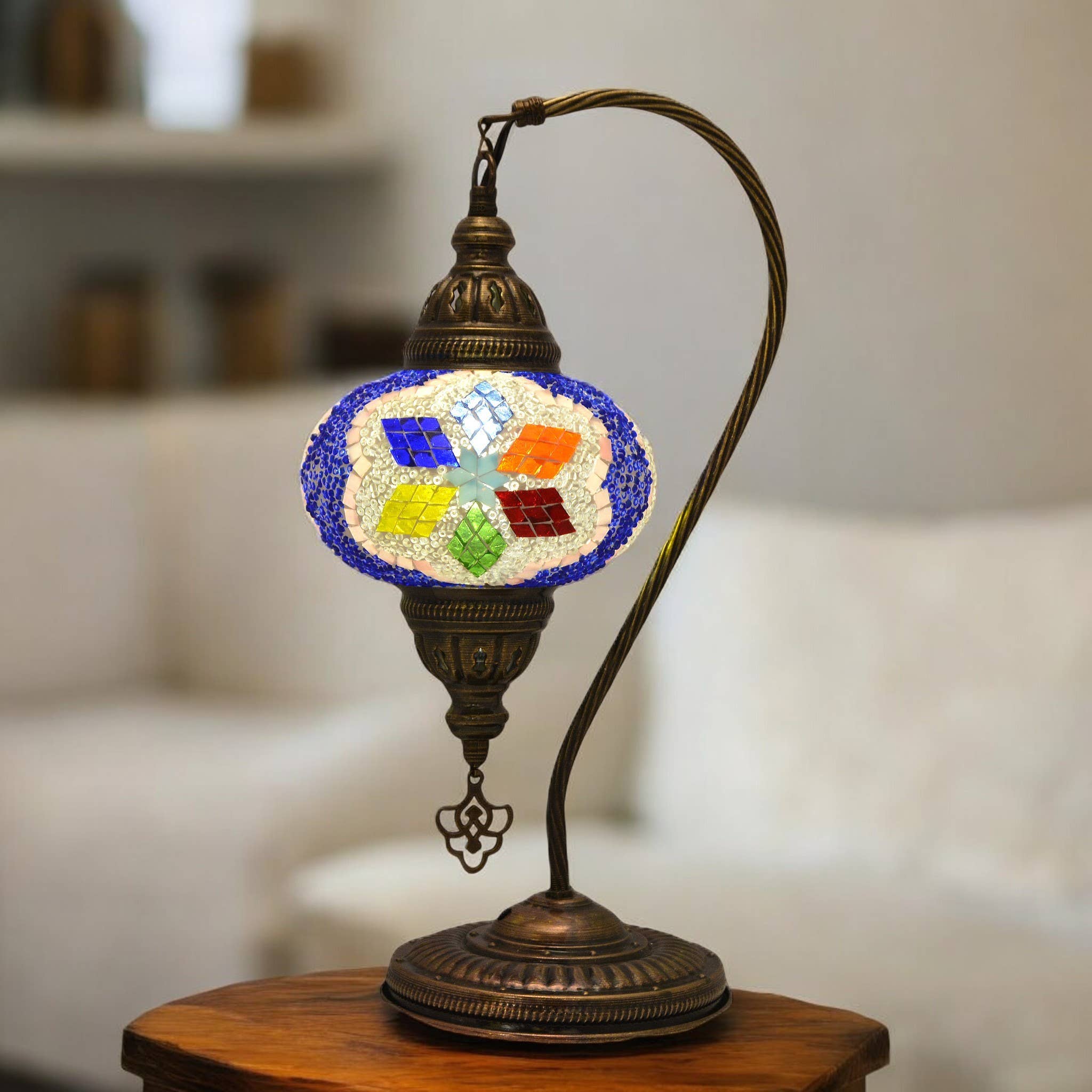 Import Corner - Wholesale Accent/Desk Lamp - 85537: 7" PRESSED MOSAIC SHADE ROUND BASE "GOOSENECK" TABLE1