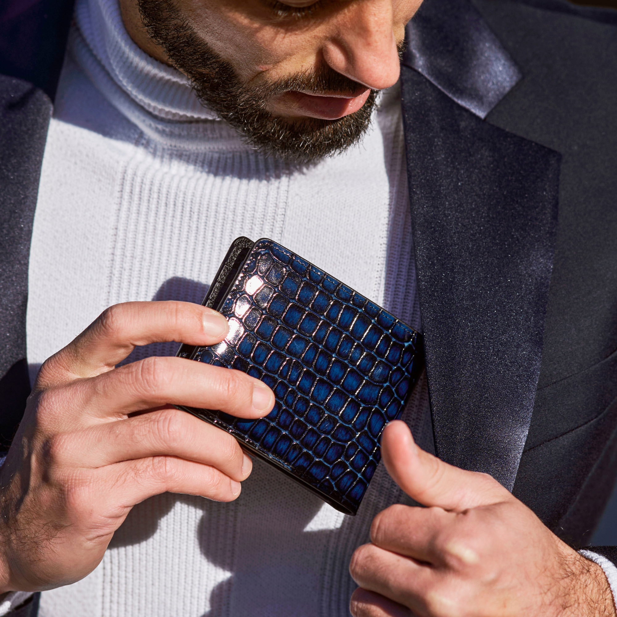 GT collection Jewelry – Engroshandel Tegnebog – til mænd – Herrepung med krokodillemønster - Blå ægte læder3