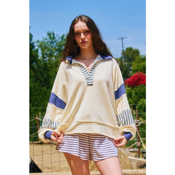 French Terry Color Block Collared Loose Fit Top for wholesale by BNS