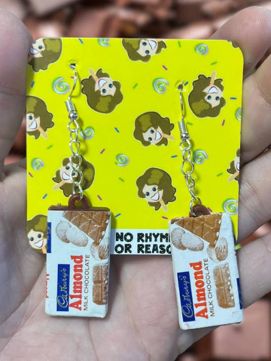 Chocolate Bar Earrings - Cadbury Almond Chocolate for wholesale by NO RHYME OR REASON ART