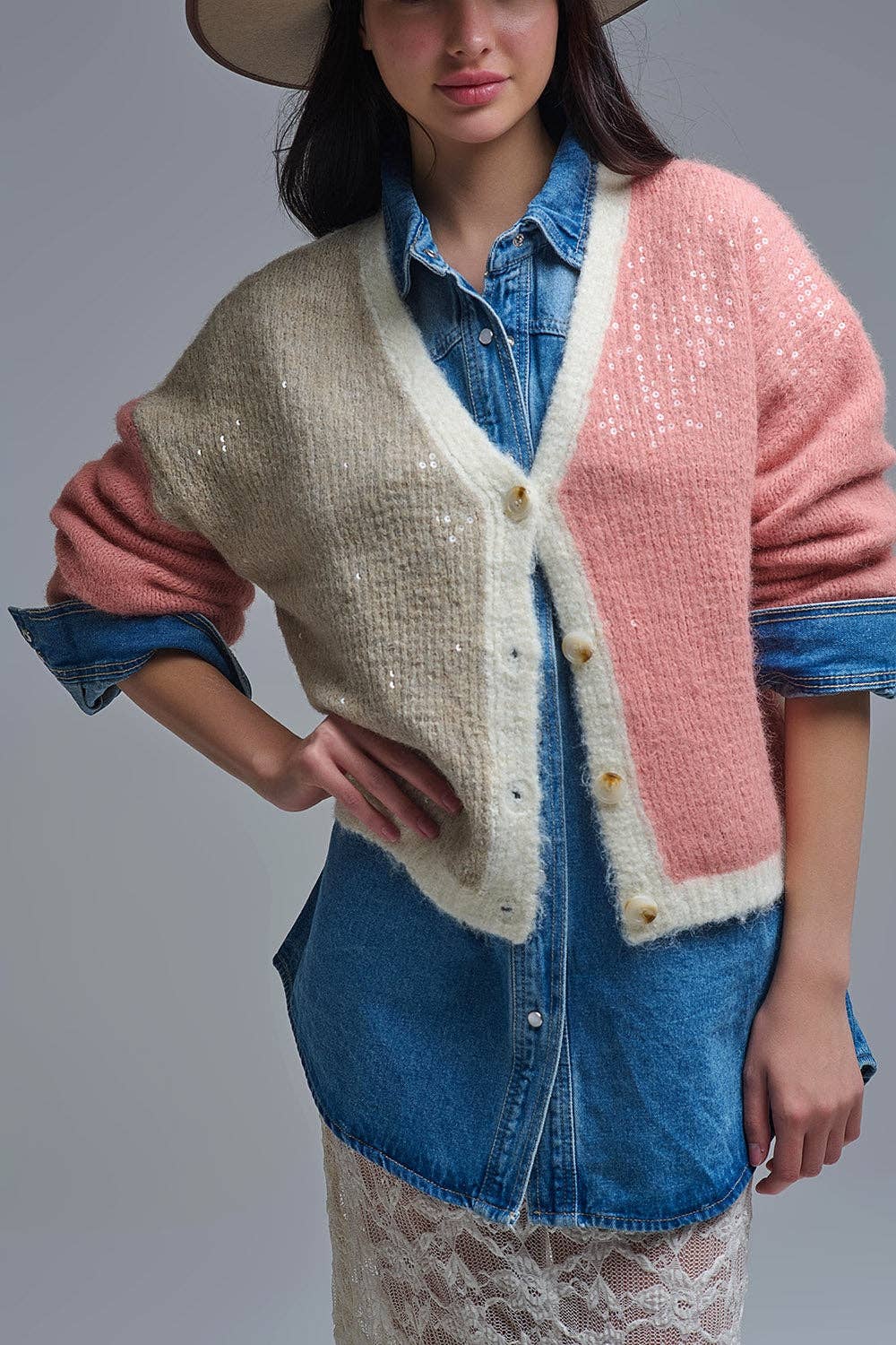 PINK Color-block Sequin V-Neck Cardigan for wholesale on Faire3