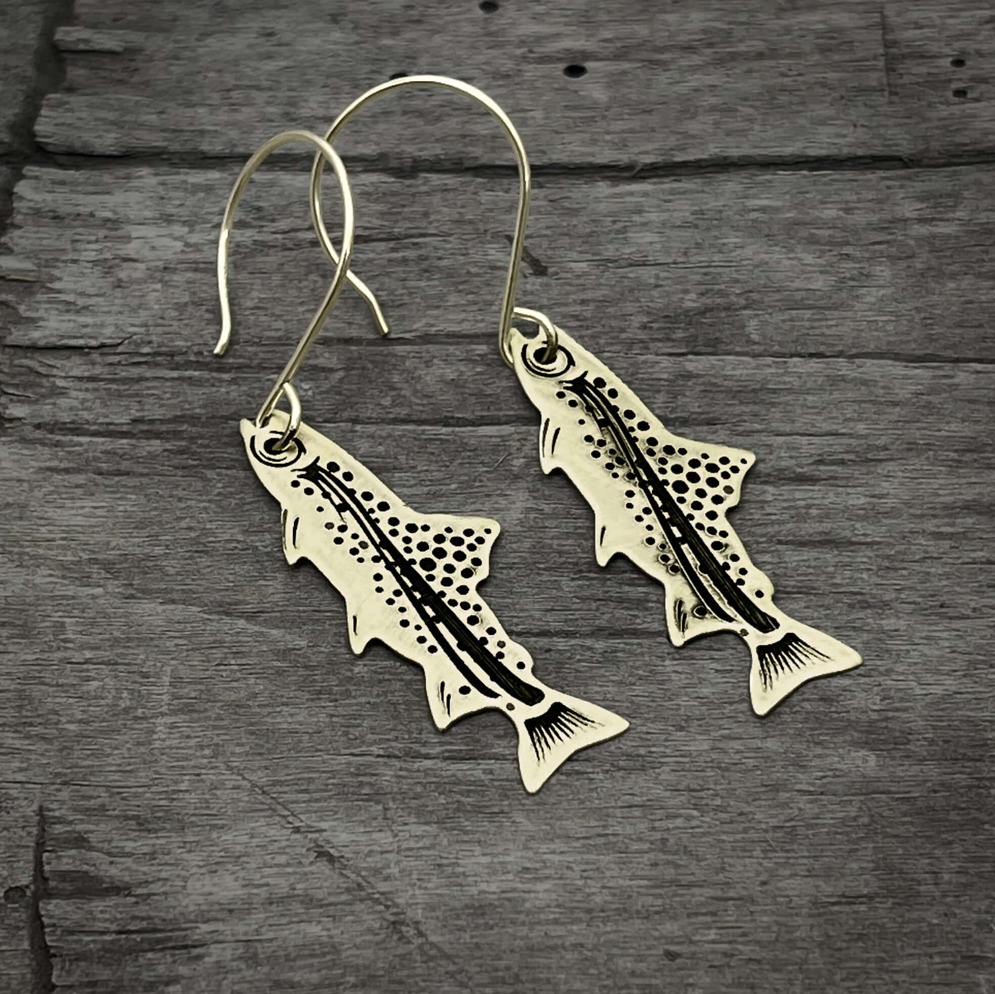 Daphne Lorna – wholesale Dangle earrings – Fishing Trout Earrings –  Montana Wildlife Jewelry, Matte Silver or Antique Brass1