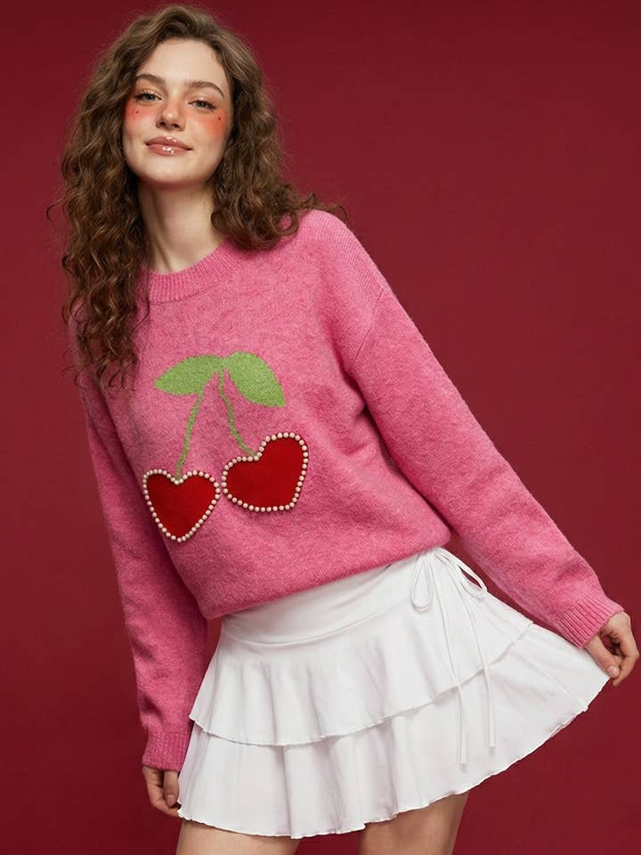 HWT65200T-COZY ROZE TRUI MET RODE KERSENHARTJES voor wholesale door Taelynn