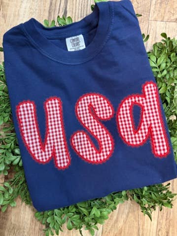 USA Gingham Lace Appliqué Comfort Colors Tee for wholesale by Taylors on Grace