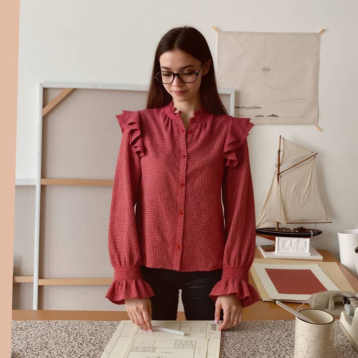 Nurode's Ruffle Detailed Plaid Shirt in Red for wholesale by Robin K