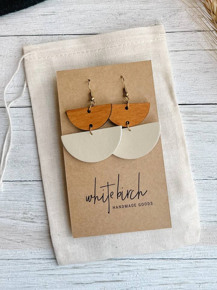 Cream Leather & Light Cherry Wood Half Moon Stacked Earrings for wholesale by Whitebirch Handmade Goods