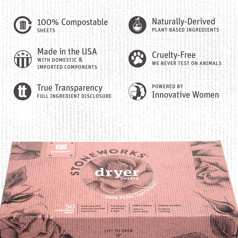Grab Green - Wholesale Dryer Balls - Stoneworks Compostable Dryer Sheets, Rose Petal, 80 sheets2