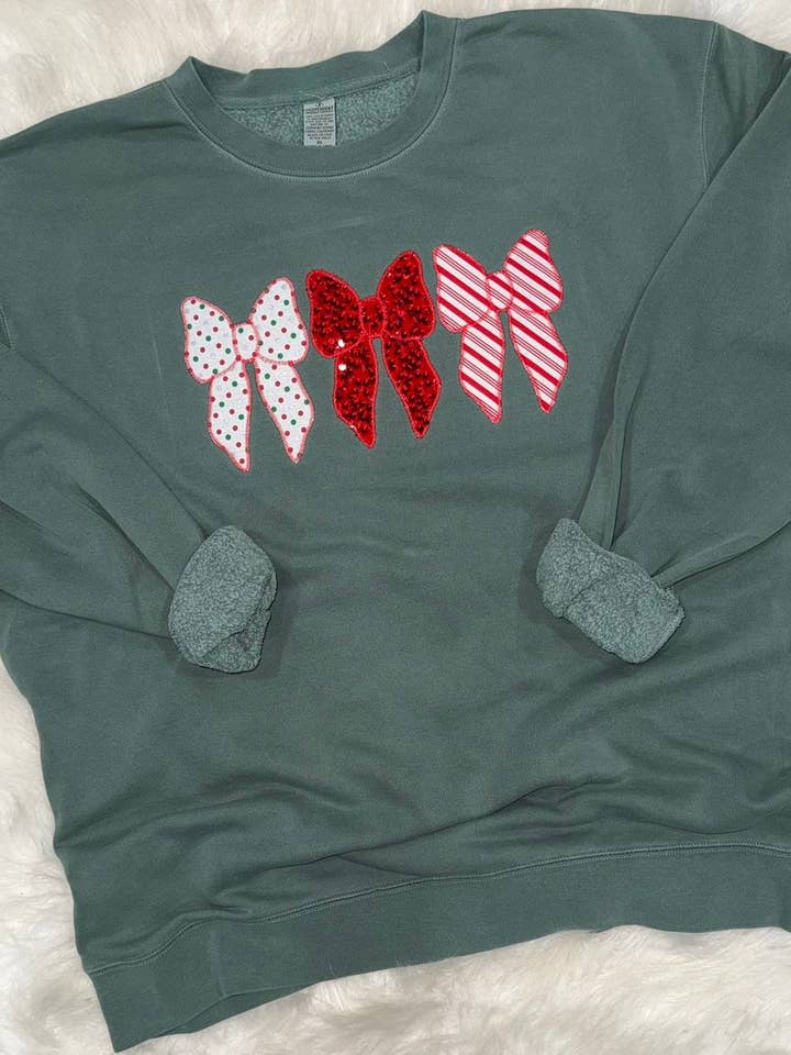 Holly Jolly Embroidered Bow Sweatshirt for wholesale by Hey Pretty Girl Boutique