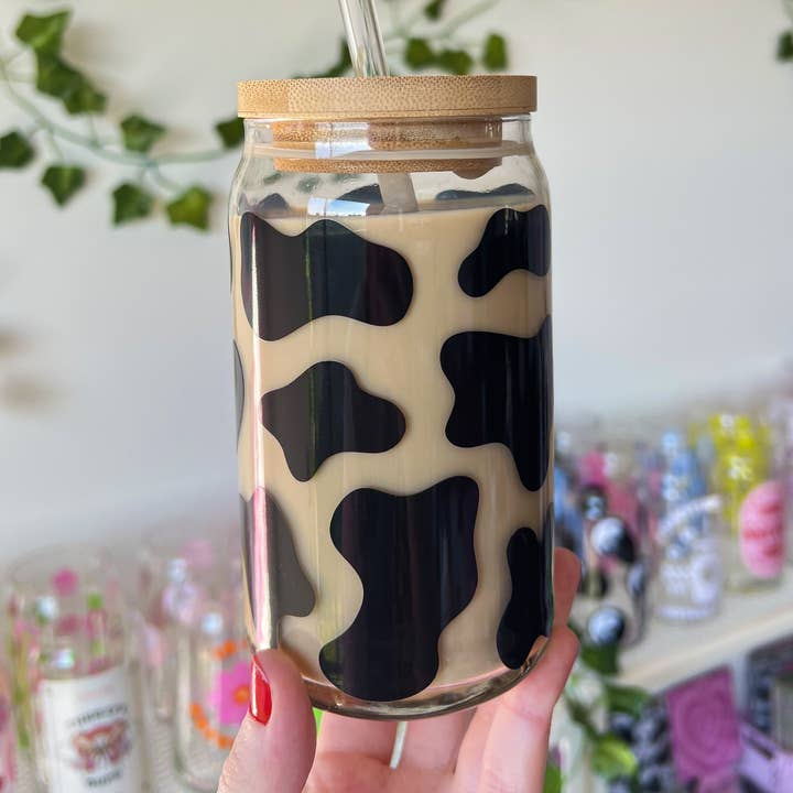 Cow Print Glass Can for wholesale by Melting Hearts Co
