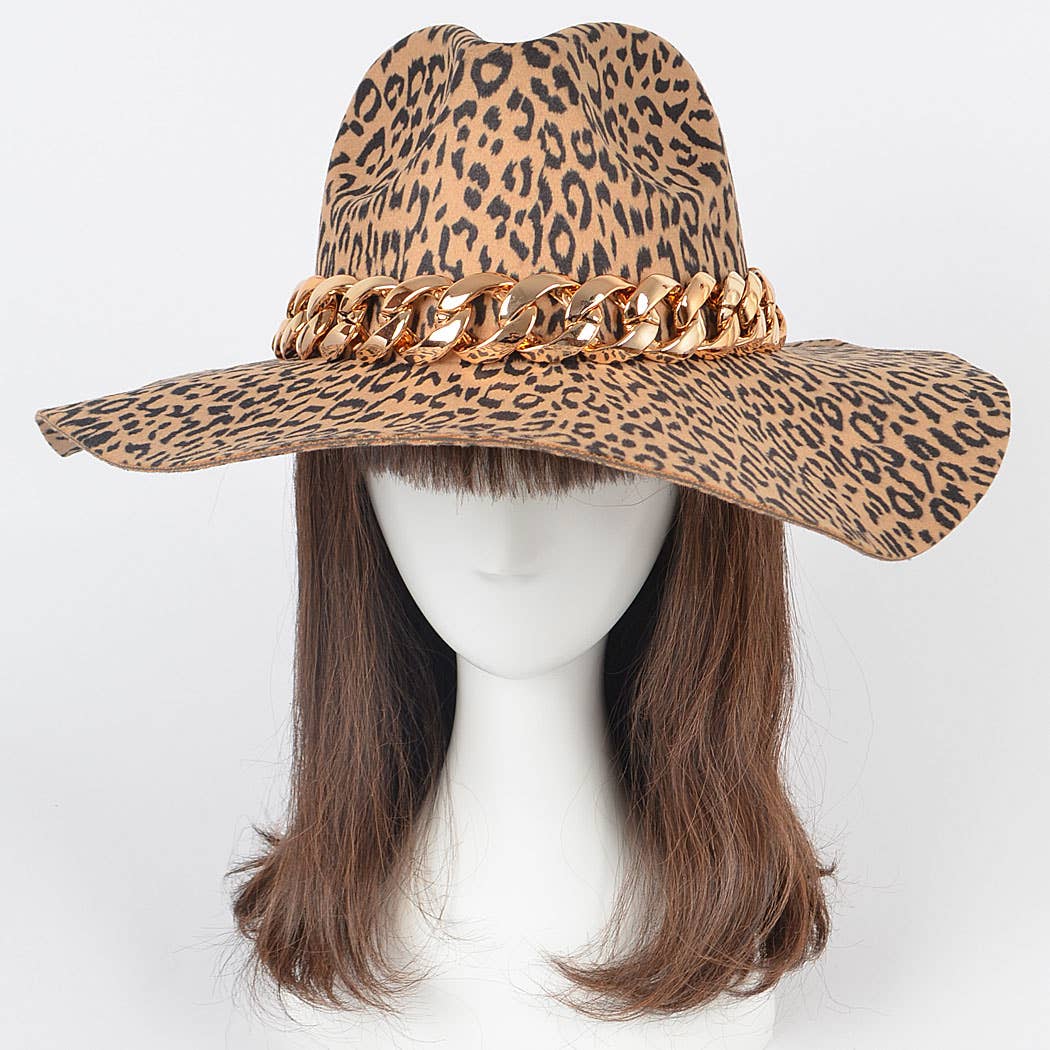 Leopardo Cappello leopardato in lana sintetica con catena oversize in vendita all'ingrosso su Faire1