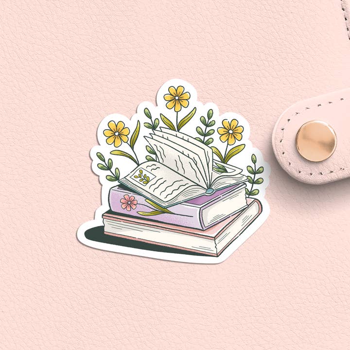 Cosy Books and Daisies Sticker, Cottagecore Bookish Decal for wholesale by Jasmine Allan Studio