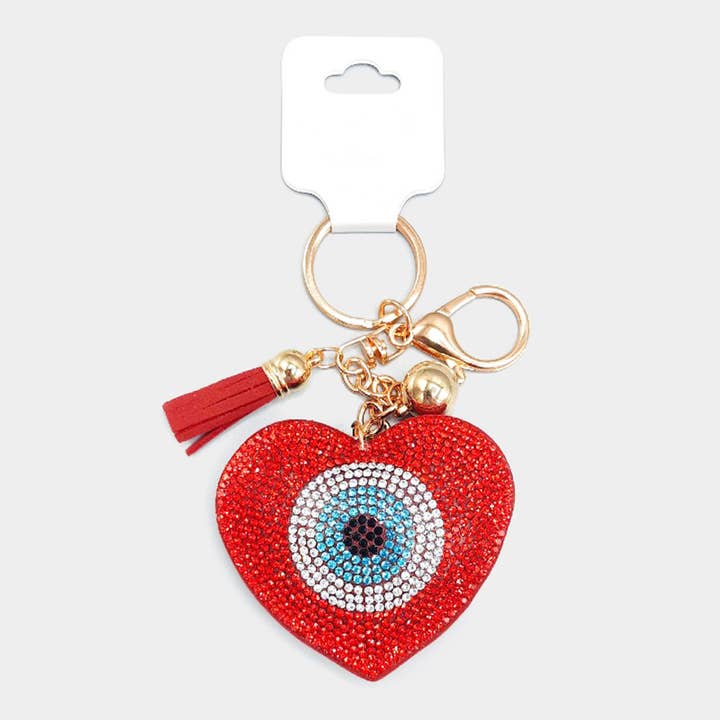 Portachiavi con nappina a cuore accentata Bling Evil Eye per la vendita all'ingrosso da parte di Sensibling Corp.