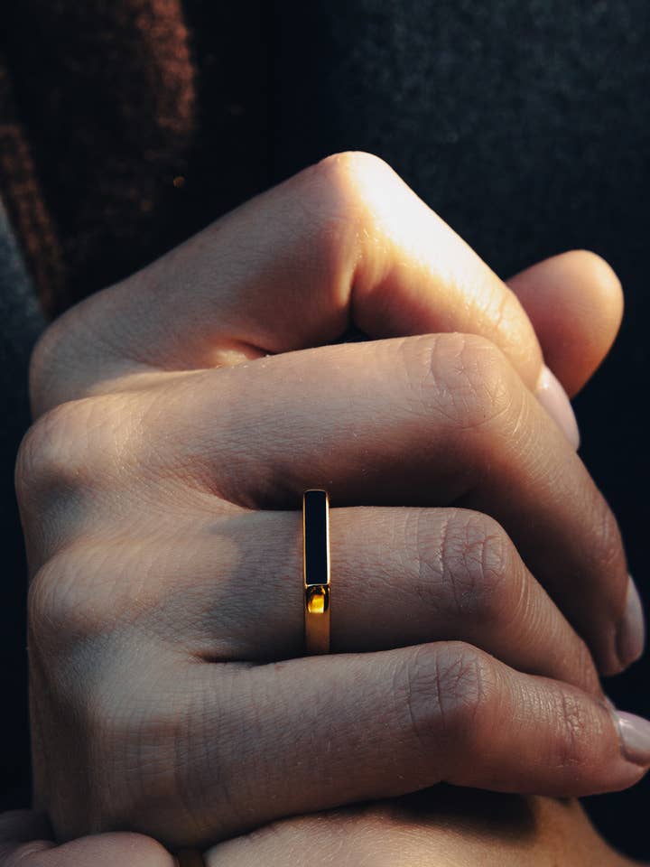 Gold Flat Black Stone Ring, Waterproof for wholesale by Nordic Muse