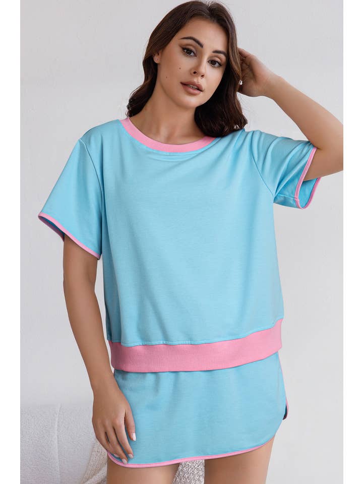 LA Society - Wholesale Top & Skirt Set - Women's - Colorblock Edge Drop Shoulder T Shirt and Skirt Set2