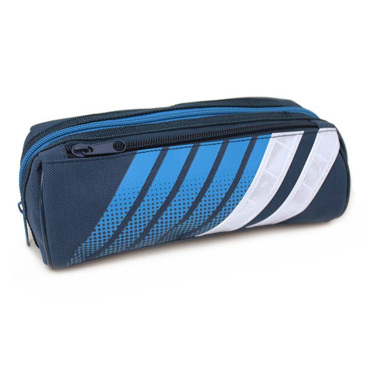 Blue Pencil Case for Boys Sporty Reflective White Stripes for wholesale by Powell Creative Products Ltd