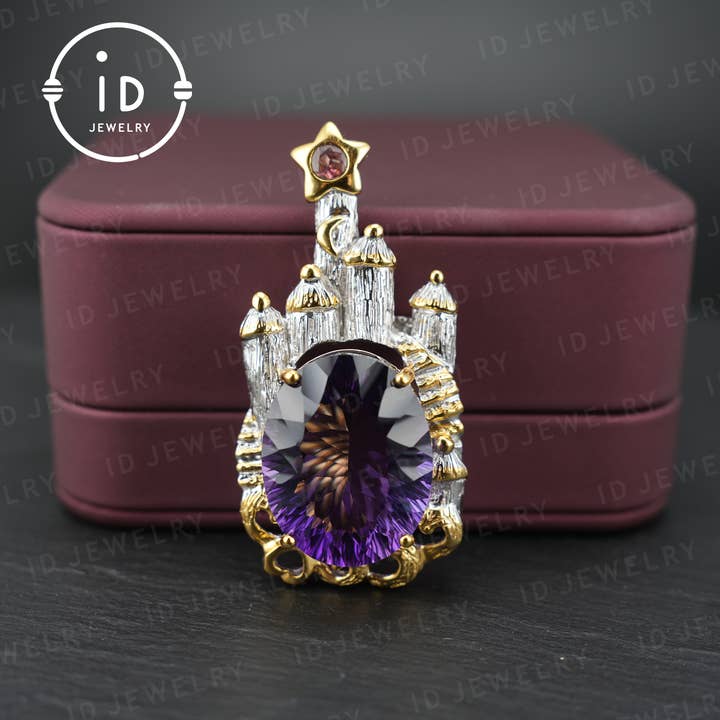 Fairy Tale Amethyst Brooch| Vintage Castle Pendant| Handmade Gemstone Jewelry| Gold-Plated Statement Brooch| Royal Jewelry Gift for Women for wholesale by idjewelry
