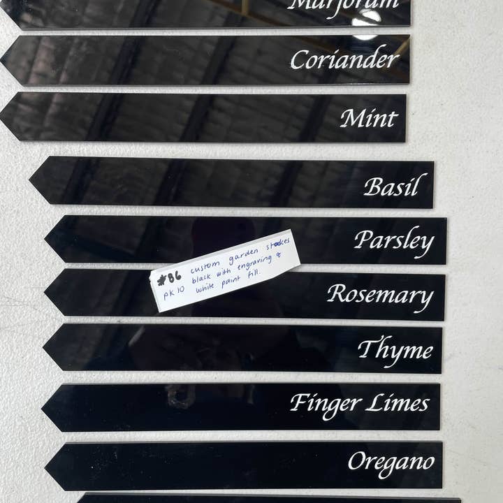 #86 - Custom Garden Spikes - Black with White Engraved Writing | Pack of 10 for wholesale by Laser Blanks