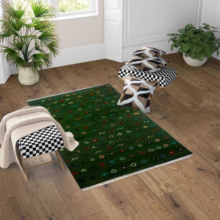Tapis kilim vert en algues de mer Berjista pour la vente par Fybernots