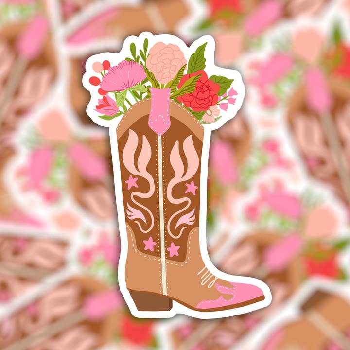 Die cut vinyl sticker - cowboy boot illustration flowers for wholesale by Muchable