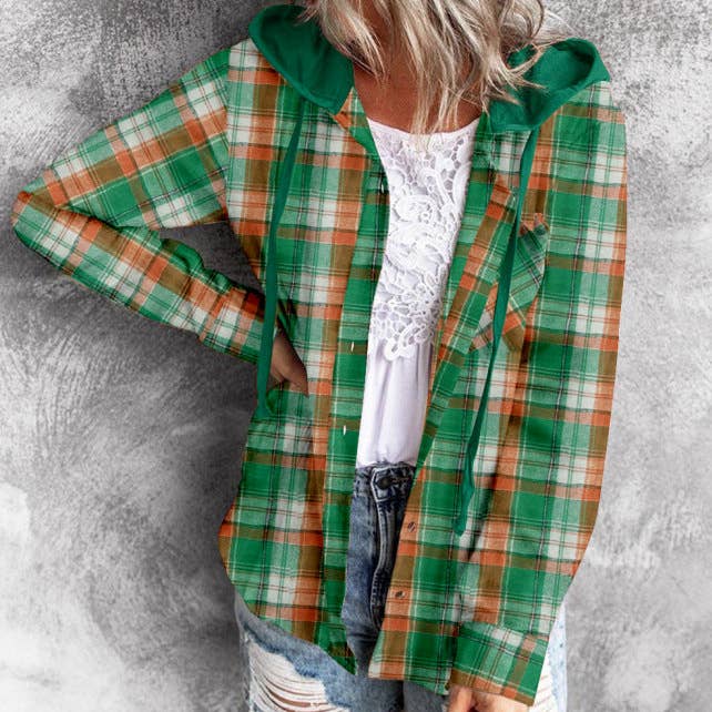 Suhkasana - Wholesale Shirt Jacket/Shacket - Women’s - Hooded Plaid Button-Up Jacket - Casual Oversized Shacket7