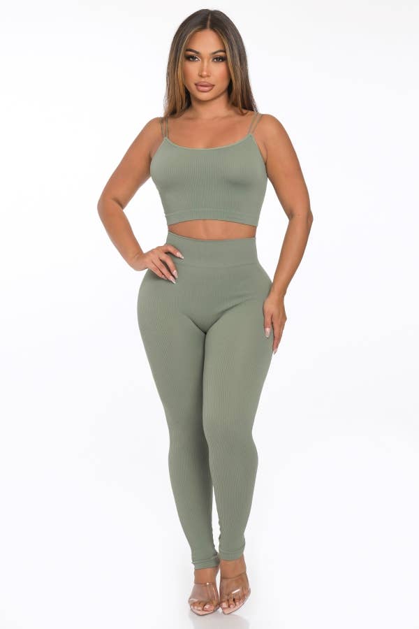 Lime All the Time - Wholesale Lounge Set - Women's - 2 Pcs Seamless Double Spaghetti Strap Top and Legging Set15