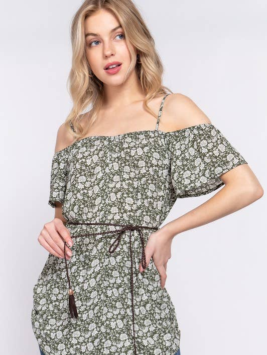 Short Sleeve Off the Shoulder Belted Woven Tunic Top for wholesale by Active Basic | Active USA