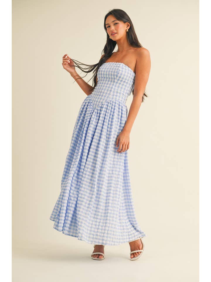 Klesis - Wholesale Dress - Women's - ID9088 GINGHAM DROPWAIST STRAPLESS MAXI DRESS