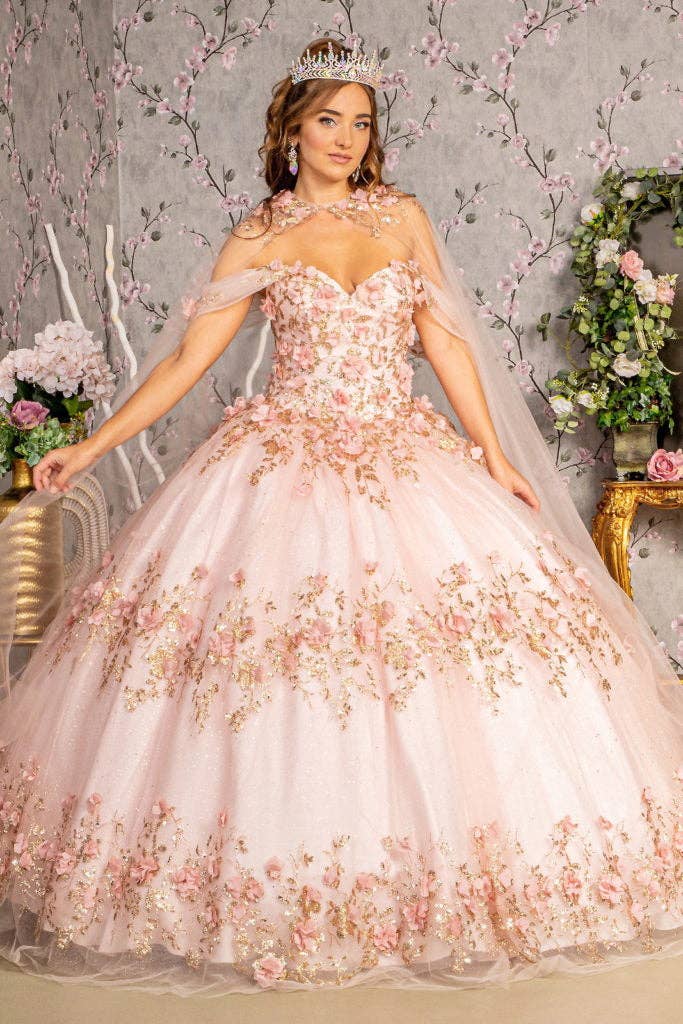 Tux-USA® - Vente Robe de soirée – femme - Robe de Quinceañera en maille avec application florale 3D pailletée et cape longue en tulle0