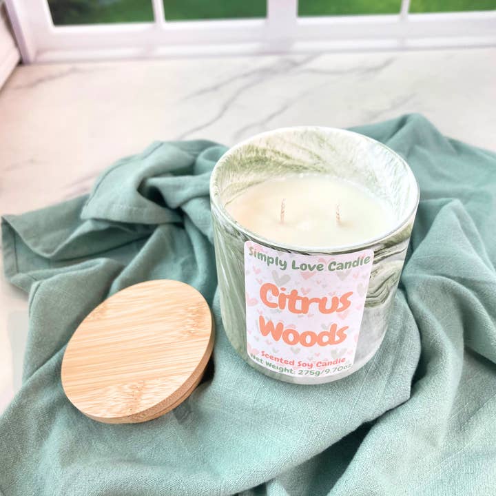 Simply Love Candle - Wholesale Jar/Filled Candle - Evergreen + Citrus Soy Candle | Marble Green + White Candle2