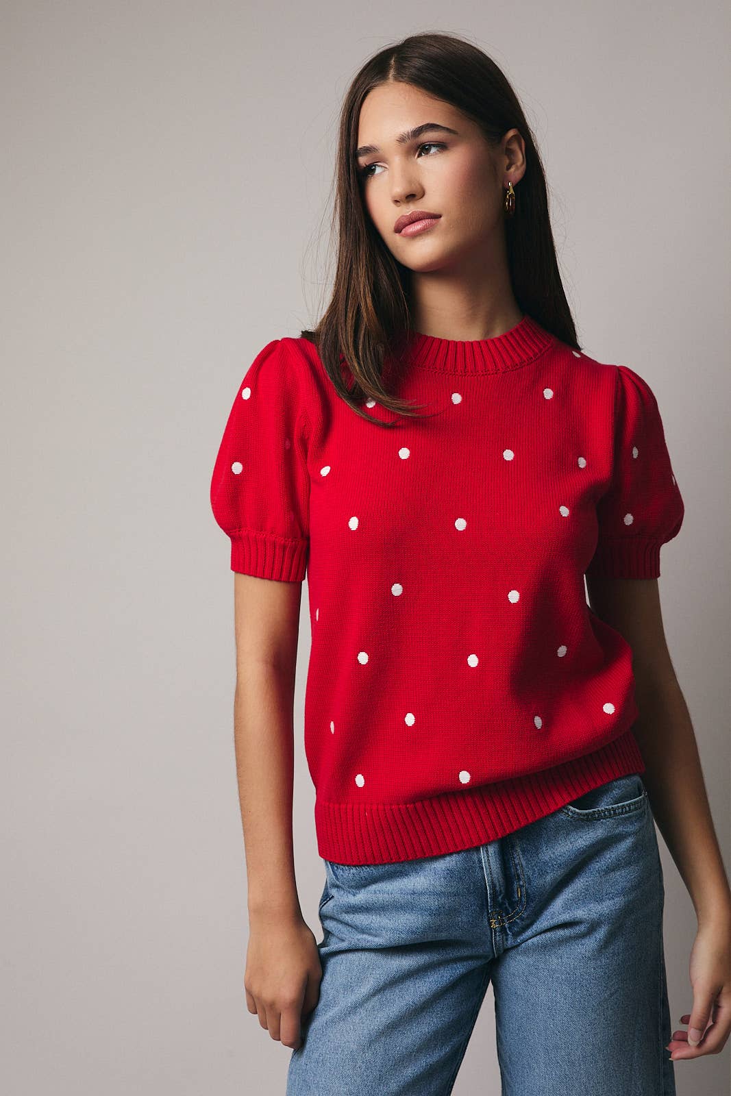 Sunday Edition - Wholesale Knit Sweater - Women's - ROUND NECK PUFF SHORT SLEEVE "POLKA DOT" EMBROIDERED SWEATER11