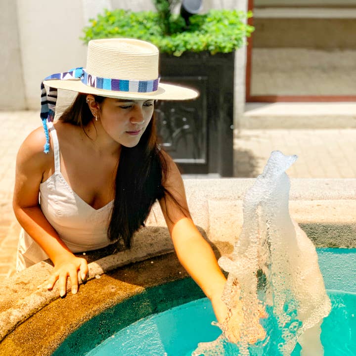 Achiote Guatemalan Goods - Wholesale Boater Hat - Women's - Palm Hat | Classic Structured Wide Brim | Blue & White