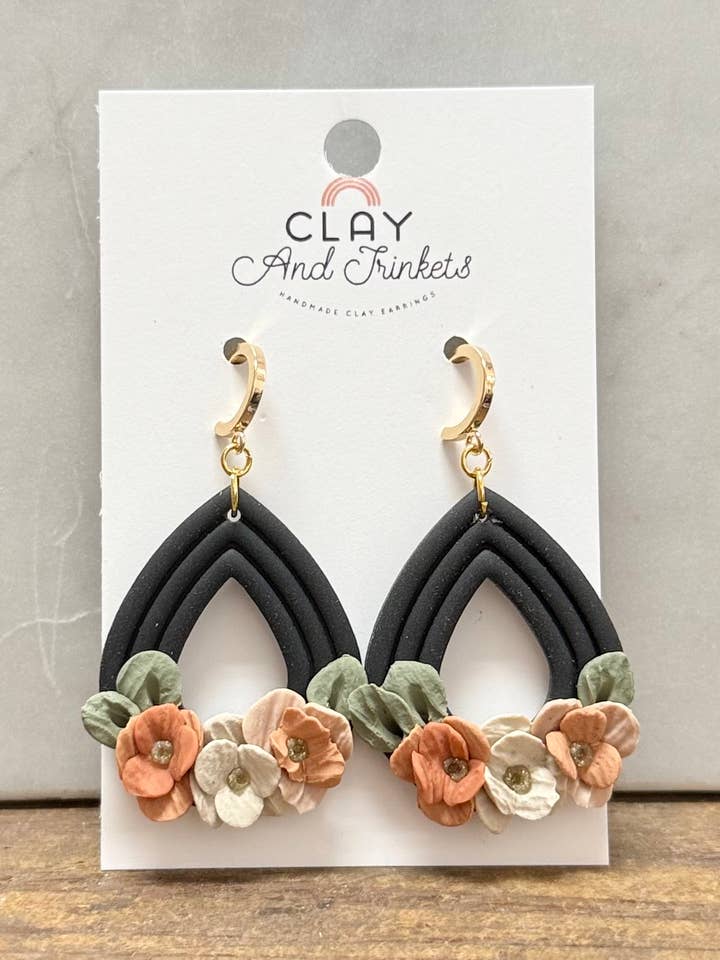 Floral Teardrop Hoop Dangle Earrings for wholesale by Clay and Trinkets