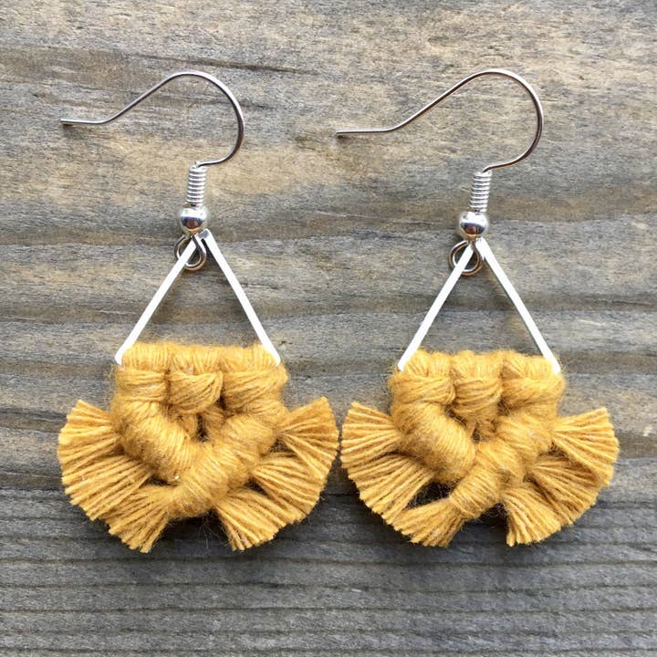 Micro Fringe Triangle Earrings - Golden Mustard & Silver for wholesale by HK Macrame Jewelry