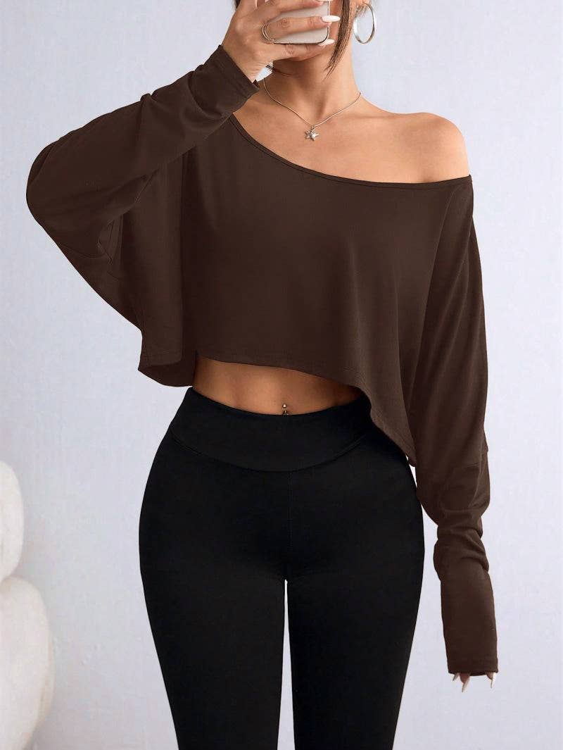 HIDDENBRAND - Wholesale T-Shirt - Women's - One-shoulder Y2K top loose long-sleeves T-shirt4