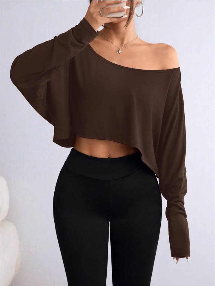 HIDDENBRAND - Wholesale T-Shirt - Women's - One-shoulder Y2K top loose long-sleeves T-shirt4