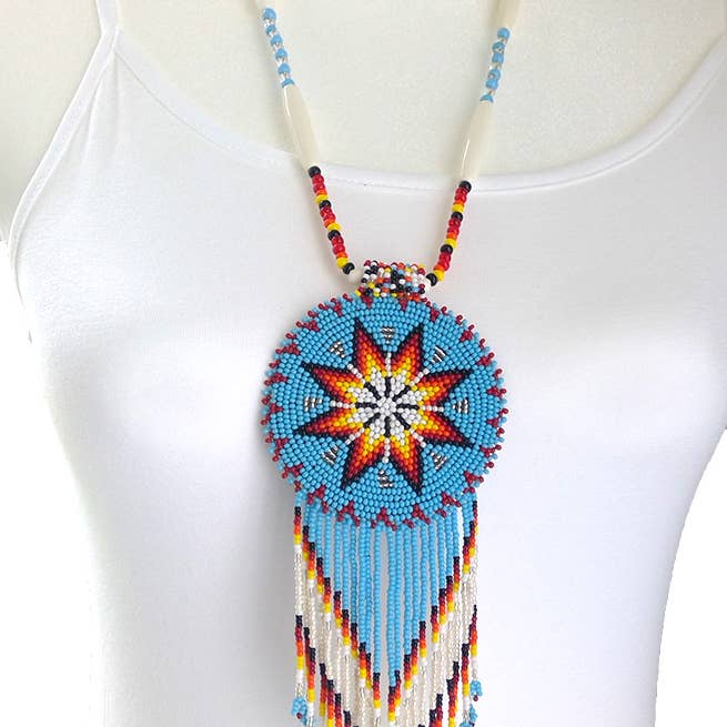 BEADS CORNER - Wholesale Beaded/Pearl Necklace - Turquoise Blue Seed Bead Long Star Medallion Beaded Necklace Earrings