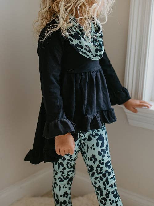 Kids Hi-Lo Black & Teal Leopard Print 3 Piece Scarf Set for wholesale by Adorable Sweetness