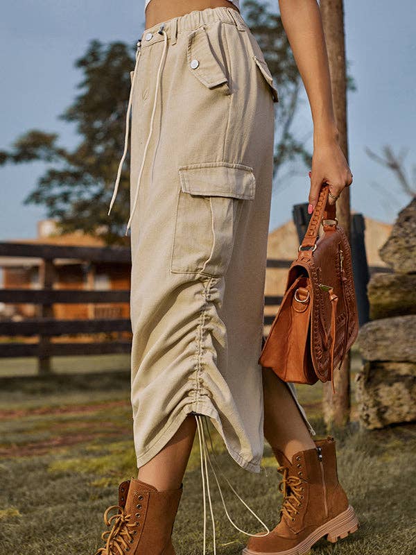 Sheer Trend - Wholesale Skirt - Women's - A-Line Loose Drawstring Elasticity Pockets Solid Color Split-Back Skirts Bottoms8