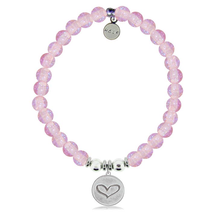 Breloque en forme de cœur avec bracelet caritatif en verre rose scintillant pour la vente par H.E.L.P
