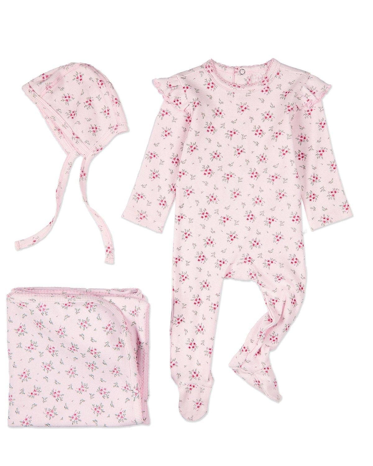 Pink Ruffled Sleeve Floral 3 Pc Footie Set for wholesale on Faire0