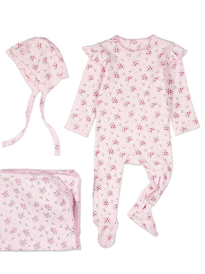 Ruffled Sleeve Floral 3 Pc Footie Set for wholesale by MiniMoi by MeMoi