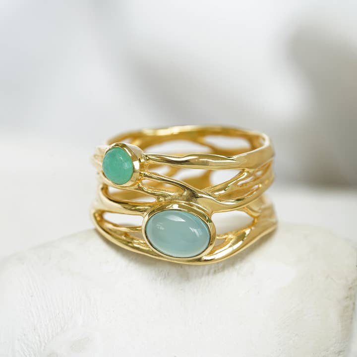 Aqua Kalcedon och Chrysopras Guld Vermeil Statementring för wholesale av Banyan Jewellery