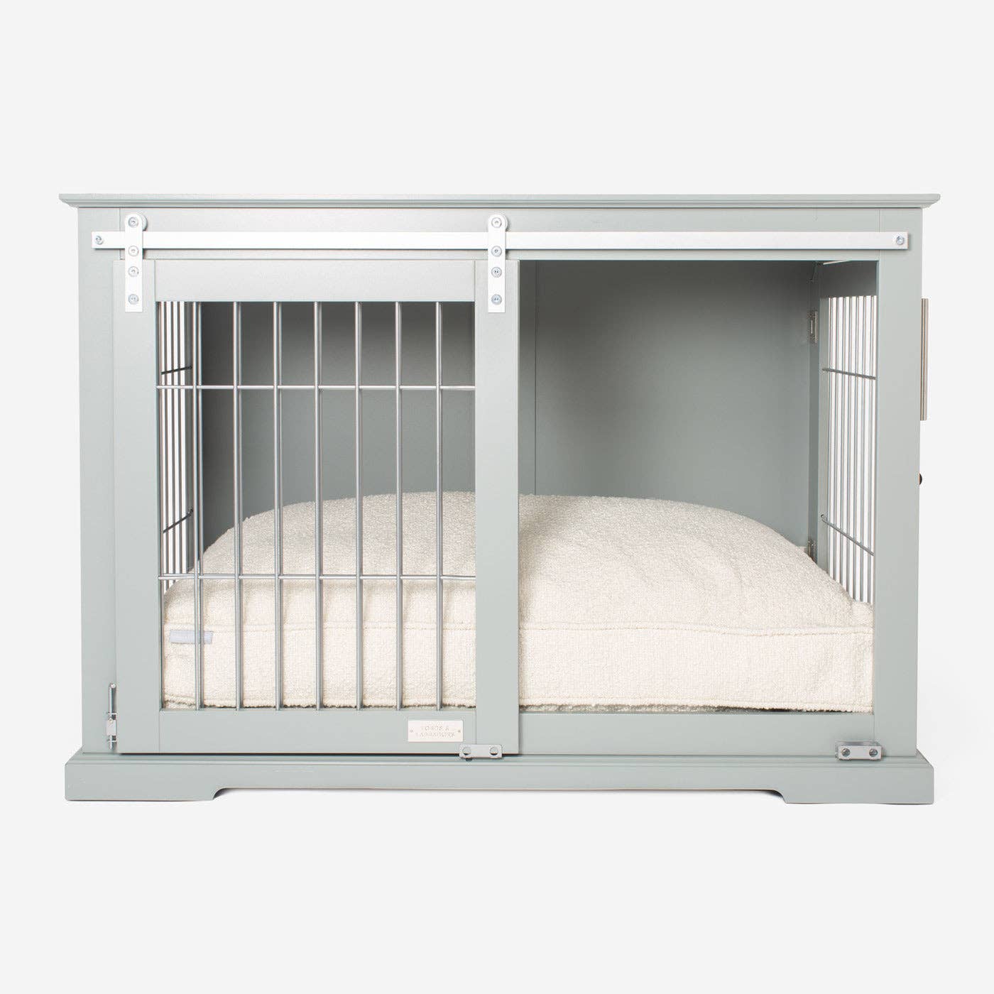 Wooden Sliding Door Dog Crate in Grey for wholesale on Faire3