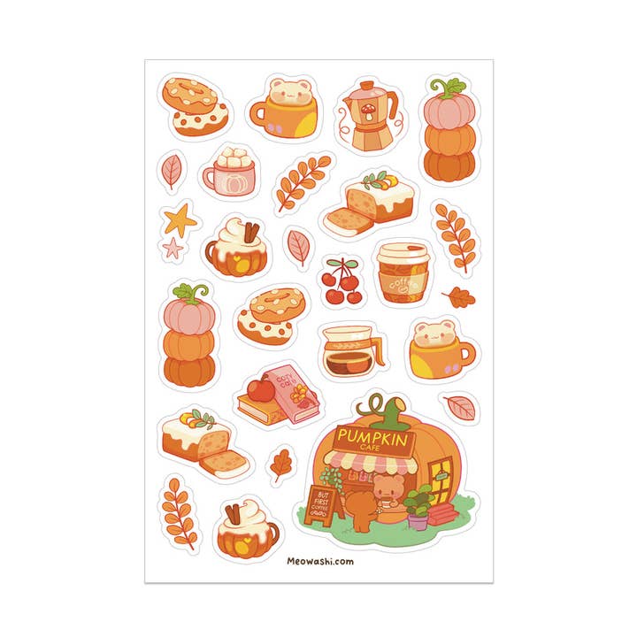 Bear Pumpkin Cafe Clear Sticker Sheet for wholesale by Meowashi Studio