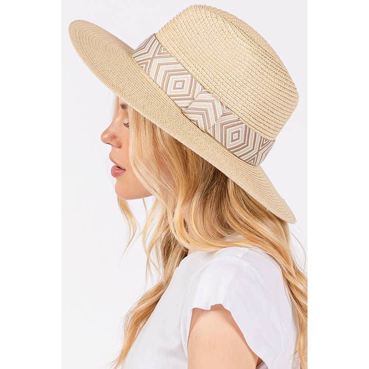 Hana - Wholesale Straw Hat - Women's - Aztec Tribal Pattern Band Straw Summer Sun Hat