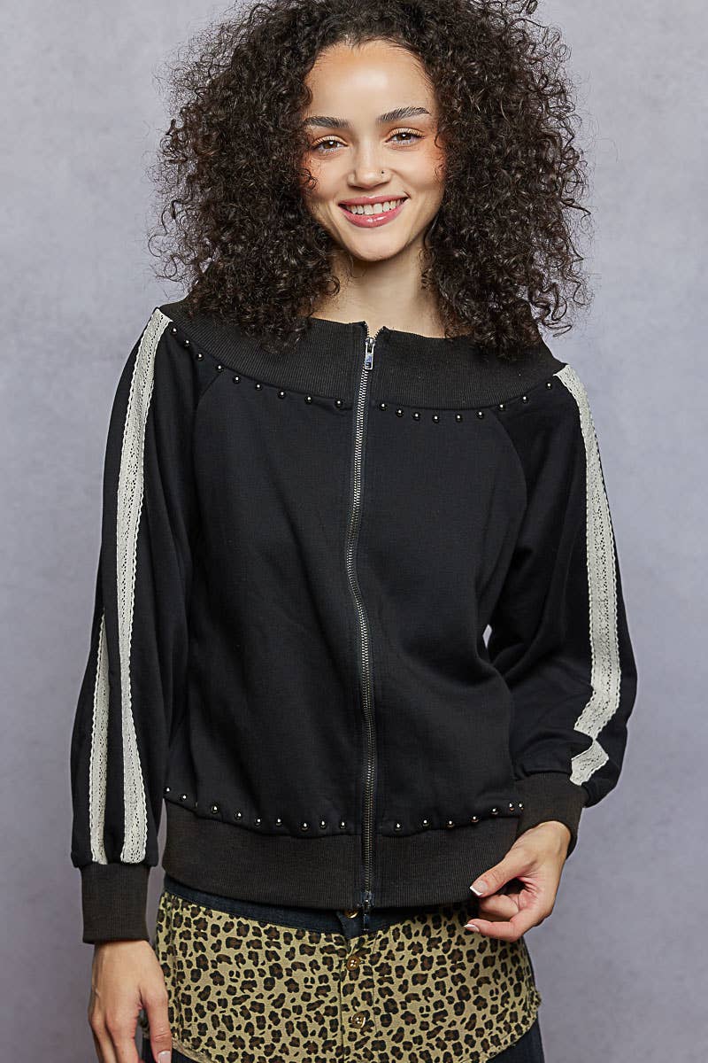 Pol Clothing - Wholesale Knit Top - Women's - Solid off shoulder lace trim detail French terry knit top1