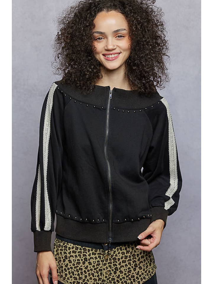 Pol Clothing - Wholesale Knit Top - Women's - Solid off shoulder lace trim detail French terry knit top1